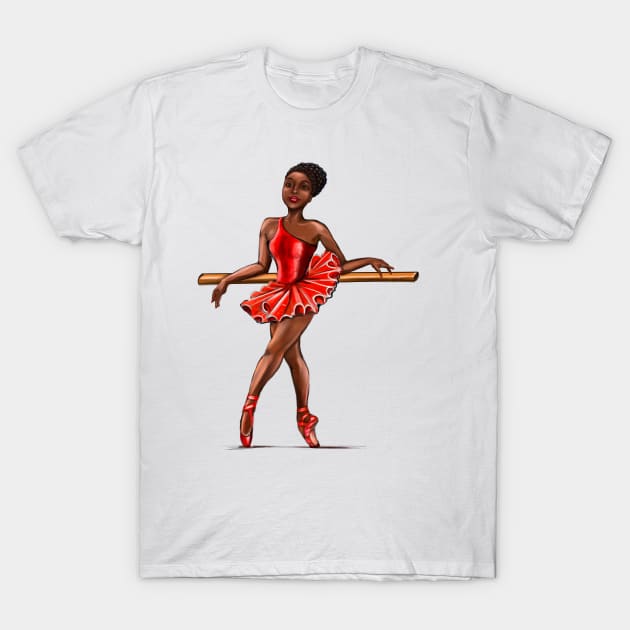 Ballet in red pointe shoes - ballerina at rest - ballerina taking a break  in red tutu and red shoes  - brown skin ballerina T-Shirt by Artonmytee